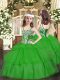 Custom Made Sleeveless Organza Floor Length Lace Up Kids Pageant Dress in Green with Appliques and Ruffled Layers