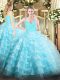 Delicate Aqua Blue Zipper Quince Ball Gowns Ruffled Layers Sleeveless Floor Length