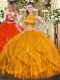Orange Red Two Pieces Bateau Sleeveless Tulle Floor Length Criss Cross Ruffles Ball Gown Prom Dress