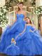 Blue Ball Gowns Sweetheart Sleeveless Organza Floor Length Lace Up Beading and Ruffles Vestidos de Quinceanera
