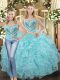 Floor Length Lace Up Sweet 16 Dresses Baby Blue for Military Ball and Sweet 16 and Quinceanera with Beading and Ruffles
