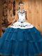 Modest Halter Top Sleeveless Organza Sweet 16 Quinceanera Dress Embroidery and Ruffled Layers Sweep Train Lace Up