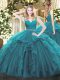 Unique V-neck Sleeveless Zipper Vestidos de Quinceanera Teal Tulle