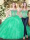 Popular Green Two Pieces Organza Sweetheart Sleeveless Beading and Ruffles Floor Length Lace Up Quinceanera Dresses