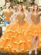 Floor Length Three Pieces Sleeveless Orange Red 15th Birthday Dress Lace Up