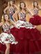 Sleeveless Embroidery Lace Up Quinceanera Gown with Wine Red Sweep Train