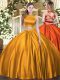 Shining Orange Ball Gown Prom Dress Military Ball and Sweet 16 and Quinceanera with Ruching High-neck Sleeveless Criss Cross