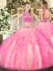 Watermelon Red and Rose Pink Two Pieces Beading and Ruffles 15 Quinceanera Dress Backless Tulle Sleeveless Floor Length