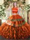 Luxurious Rust Red Two Pieces Ruffles and Sequins Quinceanera Dress Criss Cross Tulle Sleeveless Floor Length