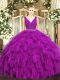 Designer Fuchsia Two Pieces Tulle V-neck Sleeveless Beading and Ruffles Floor Length Zipper Quinceanera Dresses