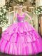 Fuchsia Zipper V-neck Beading and Ruffled Layers Vestidos de Quinceanera Tulle Sleeveless