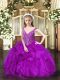 Purple Ball Gowns Beading and Ruffles Kids Formal Wear Lace Up Organza Sleeveless Floor Length