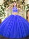 Sweet Blue Tulle Backless Quinceanera Dress Sleeveless Floor Length Beading