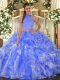 Vintage Sleeveless Floor Length Beading and Ruffles Backless Quince Ball Gowns with Blue