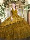 V-neck Sleeveless Satin and Organza 15th Birthday Dress Embroidery and Ruffled Layers Zipper
