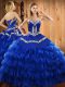 Pretty Blue Sleeveless Satin and Organza Lace Up Ball Gown Prom Dress for Military Ball and Sweet 16 and Quinceanera