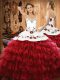 Eye-catching Floor Length Lace Up 15th Birthday Dress Wine Red for Military Ball and Sweet 16 and Quinceanera with Embroidery and Ruffled Layers