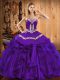 Luxurious Purple Ball Gowns Organza Sweetheart Sleeveless Embroidery and Ruffles Floor Length Lace Up Sweet 16 Dress