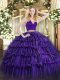 Two Pieces Quinceanera Gown Purple Halter Top Organza Sleeveless Floor Length Zipper