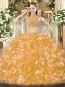 Suitable Tulle High-neck Sleeveless Backless Beading and Ruffles Sweet 16 Dresses in Gold