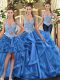 Modern Floor Length Blue 15th Birthday Dress Tulle Sleeveless Beading and Ruffles