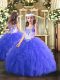 Sleeveless Tulle Floor Length Lace Up Little Girls Pageant Dress Wholesale in Blue with Beading and Ruffles