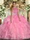 New Arrival Watermelon Red Backless Quinceanera Dress Beading and Ruffles Sleeveless Floor Length