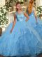 Fabulous Aqua Blue Backless Scoop Ruffles Sweet 16 Dresses Organza Sleeveless