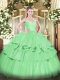 Floor Length Apple Green Sweet 16 Dresses Taffeta Sleeveless Beading and Ruffled Layers