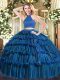 Custom Design Beading and Ruffled Layers Quinceanera Dress Blue Backless Sleeveless Floor Length