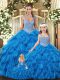 Glamorous Floor Length Teal Vestidos de Quinceanera Tulle Sleeveless Beading and Ruffles