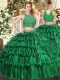 Dark Green High-neck Neckline Beading and Appliques and Ruffled Layers Sweet 16 Dresses Sleeveless Zipper