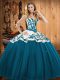 Sleeveless Satin and Tulle Floor Length Lace Up Quinceanera Dress in Teal with Embroidery
