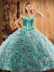 Fantastic Satin and Fabric With Rolling Flowers Sweetheart Sleeveless Sweep Train Lace Up Embroidery Quince Ball Gowns in Multi-color