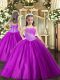 Inexpensive Floor Length Purple Girls Pageant Dresses Tulle Sleeveless Beading