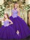 Purple Ball Gowns Beading Sweet 16 Dresses Lace Up Tulle Sleeveless Floor Length