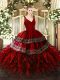 Beautiful Sleeveless Floor Length Beading and Lace and Ruffles Backless Sweet 16 Dresses with Wine Red