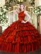 Lovely Wine Red Ball Gowns Scoop Sleeveless Organza Floor Length Clasp Handle Ruffled Layers Quinceanera Gowns