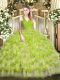 Popular Sleeveless Organza Floor Length Zipper Quinceanera Gowns in Yellow Green with Ruffled Layers