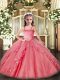 Fancy Straps Sleeveless Girls Pageant Dresses Floor Length Appliques and Ruffles Watermelon Red Organza