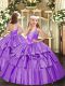 Modern Floor Length Lace Up Pageant Dresses Lavender for Party and Quinceanera with Beading and Ruffled Layers