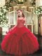 Beading and Ruffles Child Pageant Dress Red Lace Up Sleeveless Floor Length