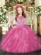 Best Sleeveless Tulle Floor Length Zipper Evening Gowns in Hot Pink with Beading and Ruffles