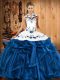 Low Price Blue Sleeveless Satin and Organza Lace Up Quince Ball Gowns for Military Ball and Sweet 16 and Quinceanera