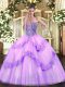 Cute Floor Length Lace Up 15th Birthday Dress Lavender for Military Ball and Sweet 16 and Quinceanera with Beading and Appliques