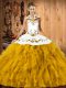 Trendy Gold Ball Gowns Halter Top Sleeveless Satin and Organza Floor Length Lace Up Embroidery and Ruffles Quince Ball Gowns