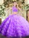 Sleeveless Tulle Floor Length Backless Quinceanera Dress in Lavender with Beading and Ruffled Layers