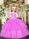 Beautiful Floor Length Lilac Pageant Gowns For Girls Organza Sleeveless Beading and Ruffled Layers