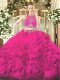 Beauteous Scoop Sleeveless Zipper Quince Ball Gowns Fuchsia Fabric With Rolling Flowers