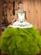 Olive Green Ball Gowns Tulle Halter Top Sleeveless Embroidery and Ruffles Floor Length Lace Up Quinceanera Gown